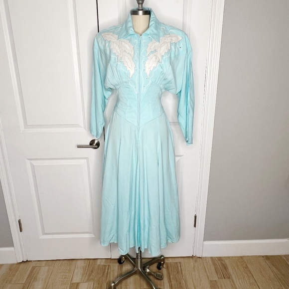 VTG 80's IIF Western Midi Maxi Dress Sky Blue White Sequins Size 8 - Picture 1 of 10